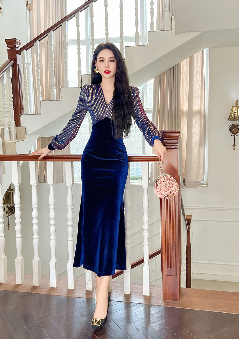 Đầm dài nhung phối sequin cổ chữ V dáng đuôi cá nữ — Xanh đá quý, Màu đen, Đỏ gỉ sắt