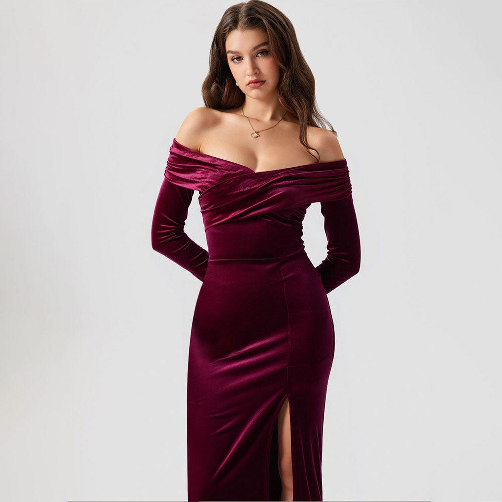 Velvet Bodycon Midi Dress for Women Cross V Neck Off Shoulder Side Slit Elegant Evening Wear Wholesale Available