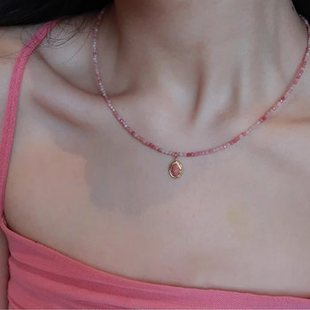 Titanium Steel Necklace Rose Girl Pink Natural Stone Beaded Necklace for Women Gentle Temperament Retro French Clavicle Chain Pendant