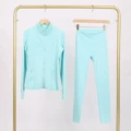 Glazed blue steel stamp jacket and cropped pants suit