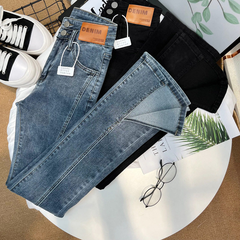 High Waisted Flared Denim Pants for Women Split Hem Loose Fit Slimming Design Trendy Spring and Autumn Style