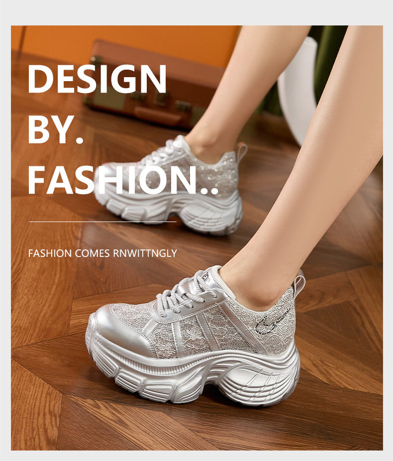 Giày sneaker nữ chunky đế dày rhinestone phong cách đế xuồng, gót siêu cao 8cm, form mũi tròn, cổ thấp, dây buộc — Hồng, Bạc, Trắng chi tiết 10