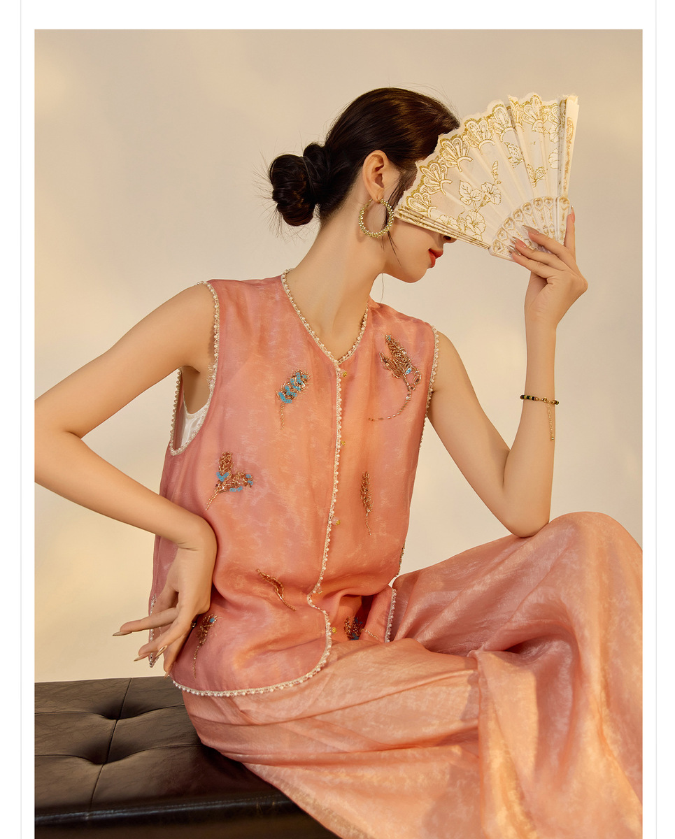 Set gile thêu đính cườm kèm quần dài nữ phong cách thanh lịch — Quần dài màu mơ, Quần dài màu xanh lục, Gi lê màu hồng, Gi lê màu xanh lục