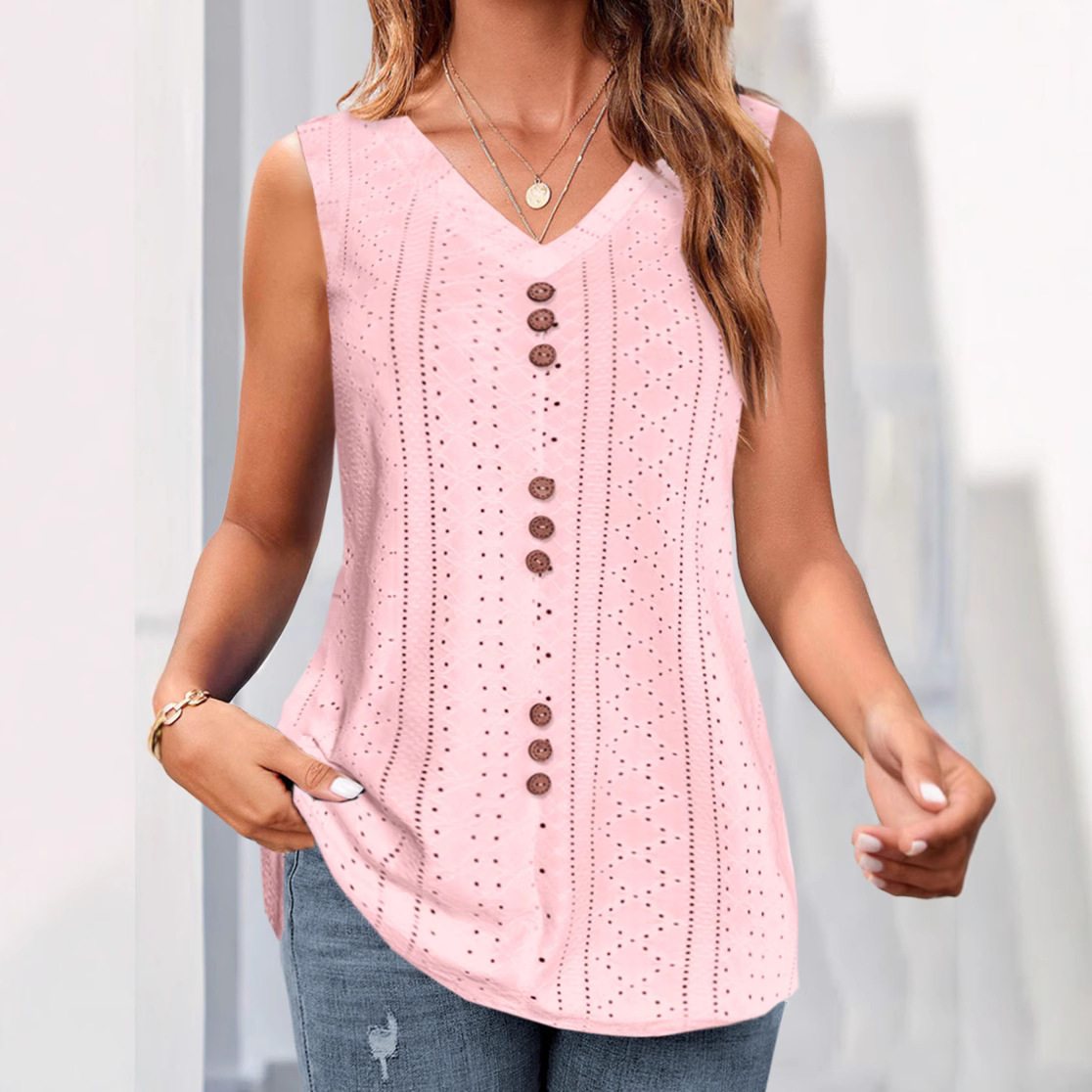 Womens Summer V Neck T Shirt Solid Color Hollow Out Design Lightweight Fabric Casual Wear Wholesale Available