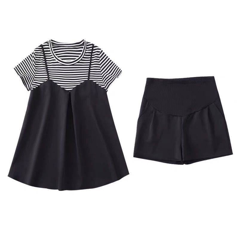 Pregnant Women's Summer suit Fashion Fake Two-piece Striped Patchwork Top Belly Shorts Outgoing Clothes Two-piece Set