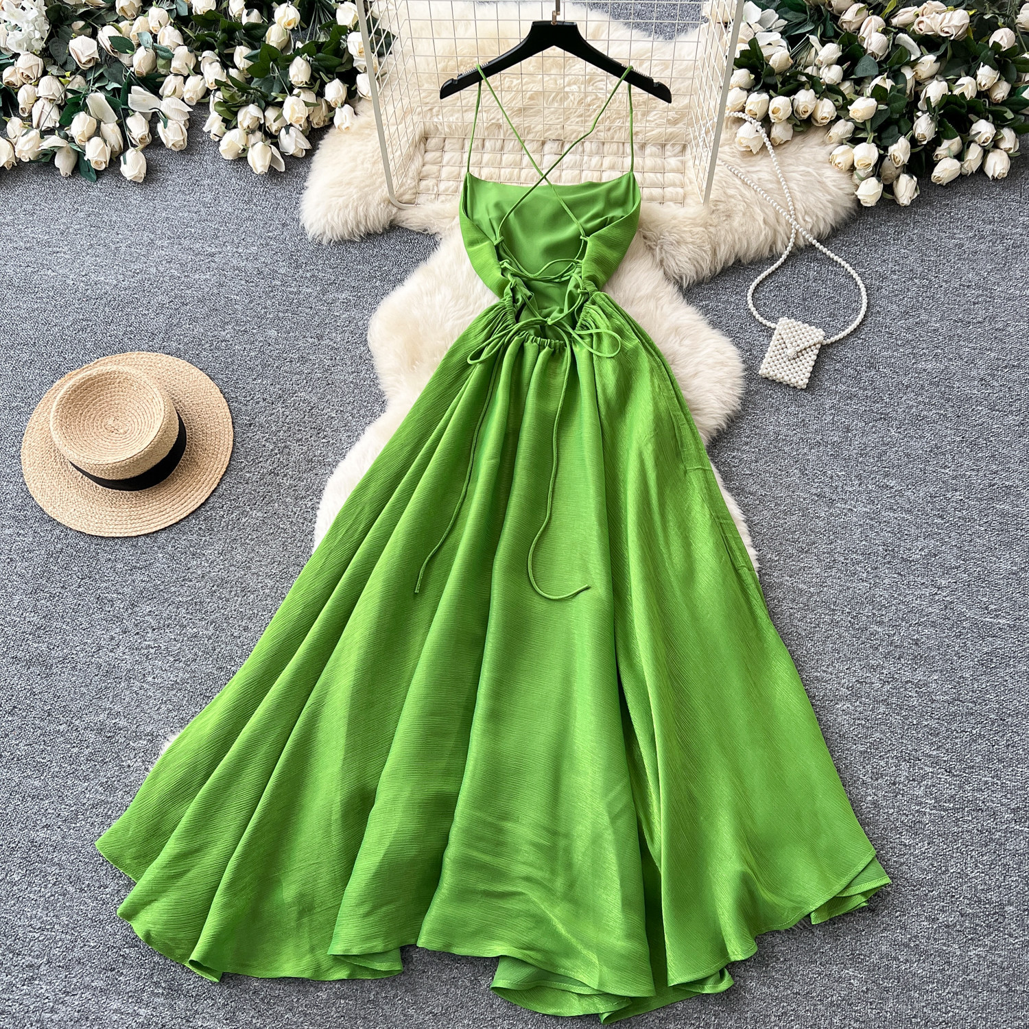 Green Backless Maxi Dress for Women Summer Design Waist Defining Flowy Skirt Perfect for Vacations Wholesale