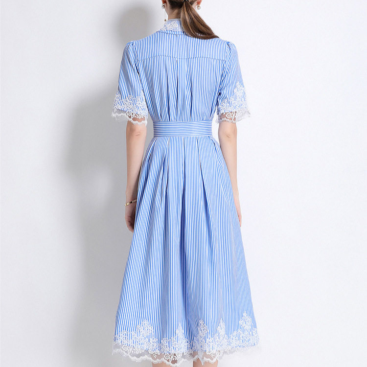 Lace Panel Short Sleeve Striped OL Shirt Set A Line Pleated Midi Skirt Summer Office Wear Wholesale Available