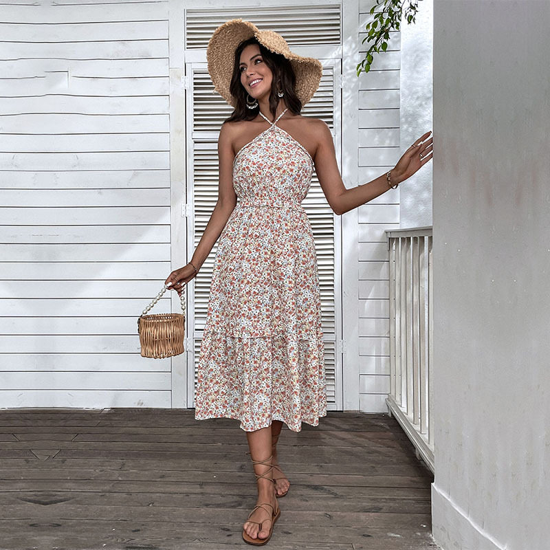 Floral Print Halter Dress Elegant Slim Fit Summer Style Perfect for Vacations and Casual Outings Wholesale Available