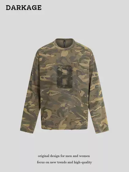 American Retro Camouflage Patchwork Letter Print Long-Sleeve T-Shirt Unisex 2026 Loose Trendy Brand Jersey Casual Top