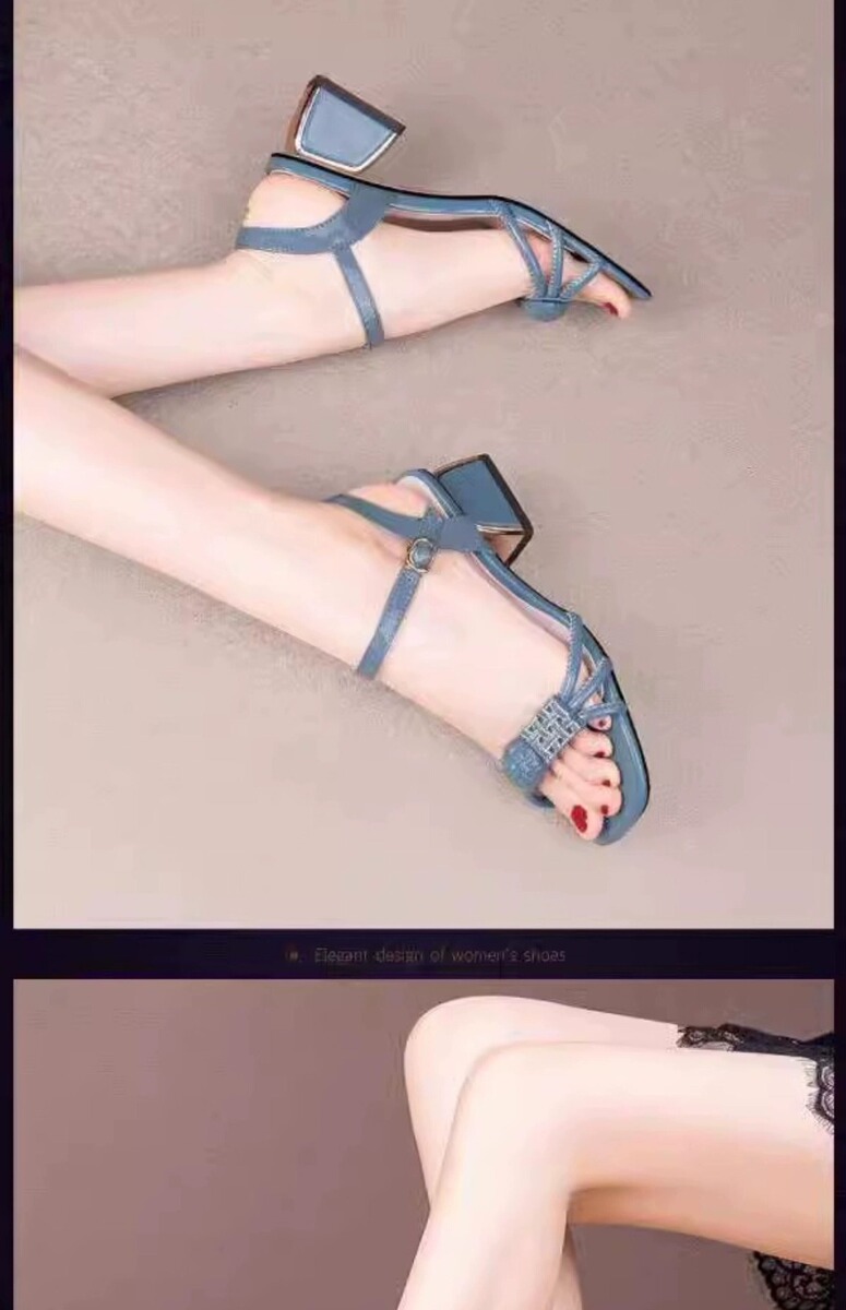 Sandal nữ gót thô hở mũi quai ngang đính đá, giày cao gót 5cm phối đồ thanh lịch — Màu trắng, Màu xanh dương
