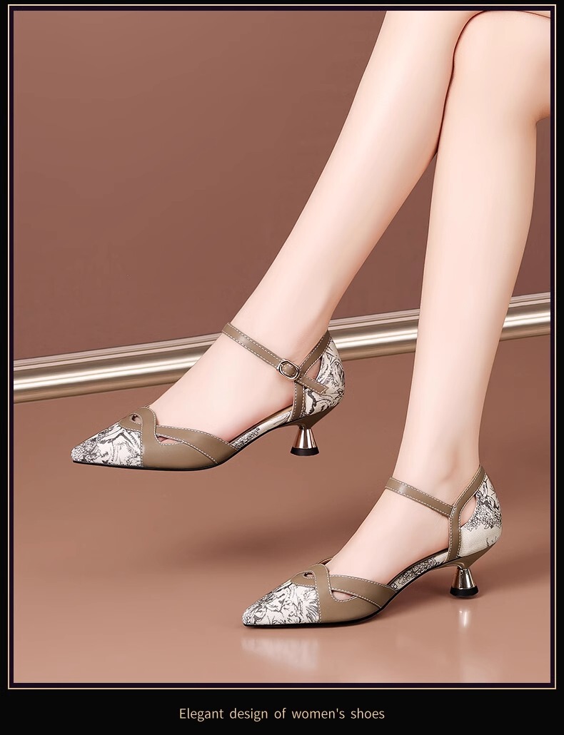 Sandal nữ mũi nhọn gót nhọn 5cm phối quai ngang thanh lịch — Màu đen, Màu Kaki