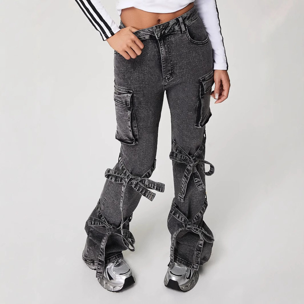 Womens Straight Leg Denim Cargo Pants Mid Rise Large Pockets Casual Style Wholesale Available