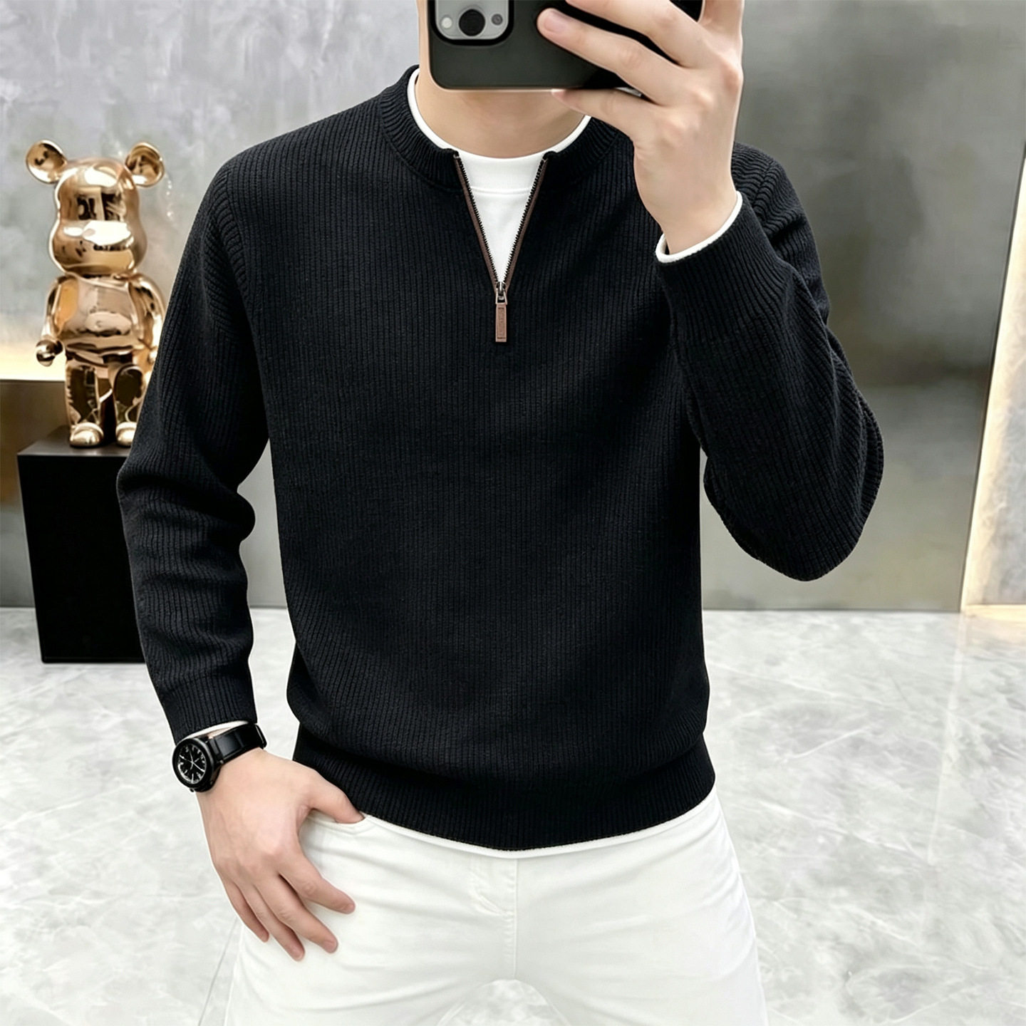 Áo nỉ dệt kim nam khóa kéo nửa thân cổ đứng phong cách công sở — Xanh đen, Màu trắng ngà, Xám nhạt, Xanh đậu