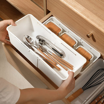 Drawer-Fixed Retractable Storage Box, Tableware Organizer, Household Cosmetics, Stationery and Medicine with Partitioned Retractable Box
