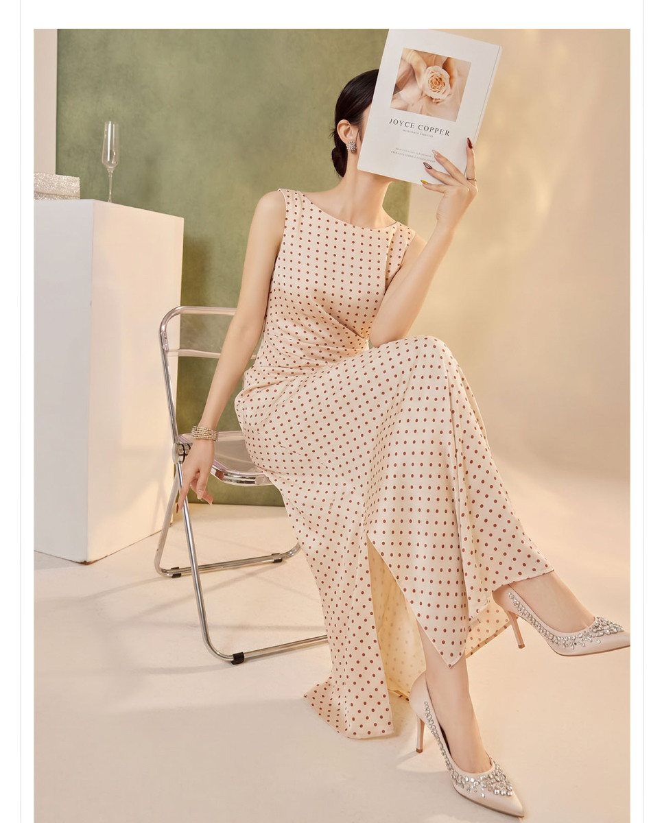 Đầm ôm body nữ không tay họa tiết chấm bi dáng dài thắt eo — Chấm bi