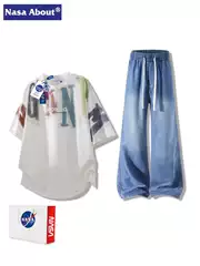 Nasa about Summer Cool Letter-Printed T-Shirt and Jeans Set for Men, Loose and Breathable Casual Two-Piece Set