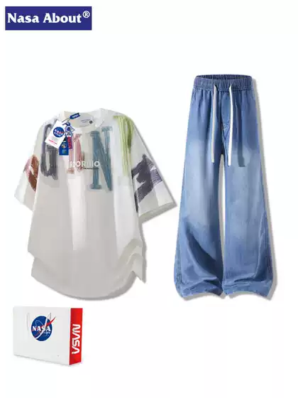 Nasa about Summer Cool Letter-Printed T-Shirt and Jeans Set for Men, Loose and Breathable Casual Two-Piece Set