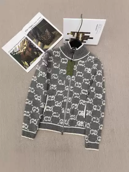 Double g Full-Print Knitted Wool Cardigan High Version Nanyou g's New Towel Embroidered Stand-Up Collar Zipper Women's Clothing