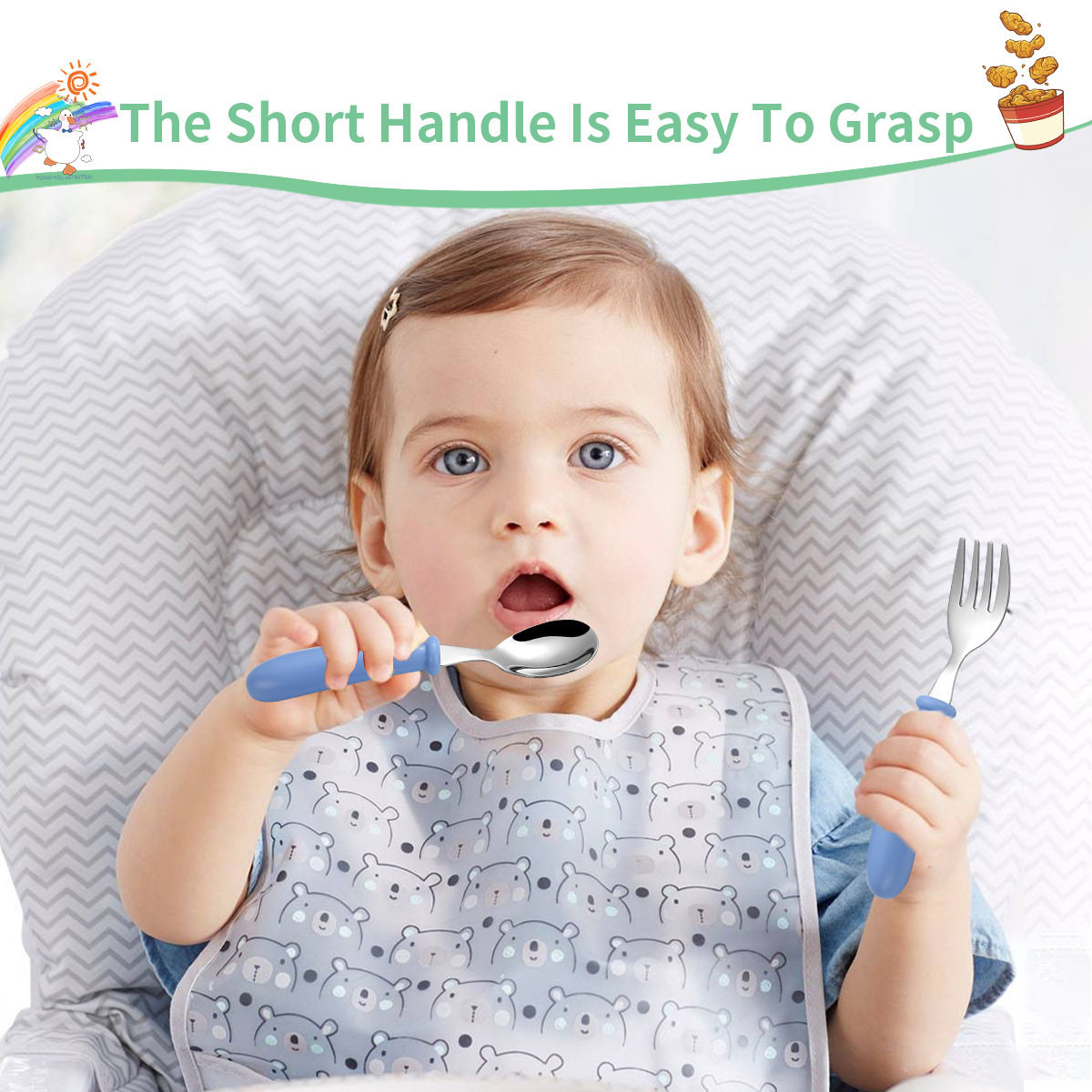 Amazon Hot Selling 304 Stainless Steel Children's Tableware suit Spoon Fork Out Portable Baby Baby Tableware Set of 3