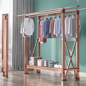 Aluminum Alloy Folding Clothes Drying Rack for Home Balcony, Floor-Standing Double Rod, Adjustable Height, Thickened Telescopic Quilt Rack