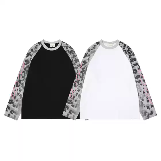 Savagebase Street Hip-Hop Leopard Print Patchwork T-Shirt Long-Sleeve Spring and Autumn Cross-Border Men's Raglan Sleeve Top Cool