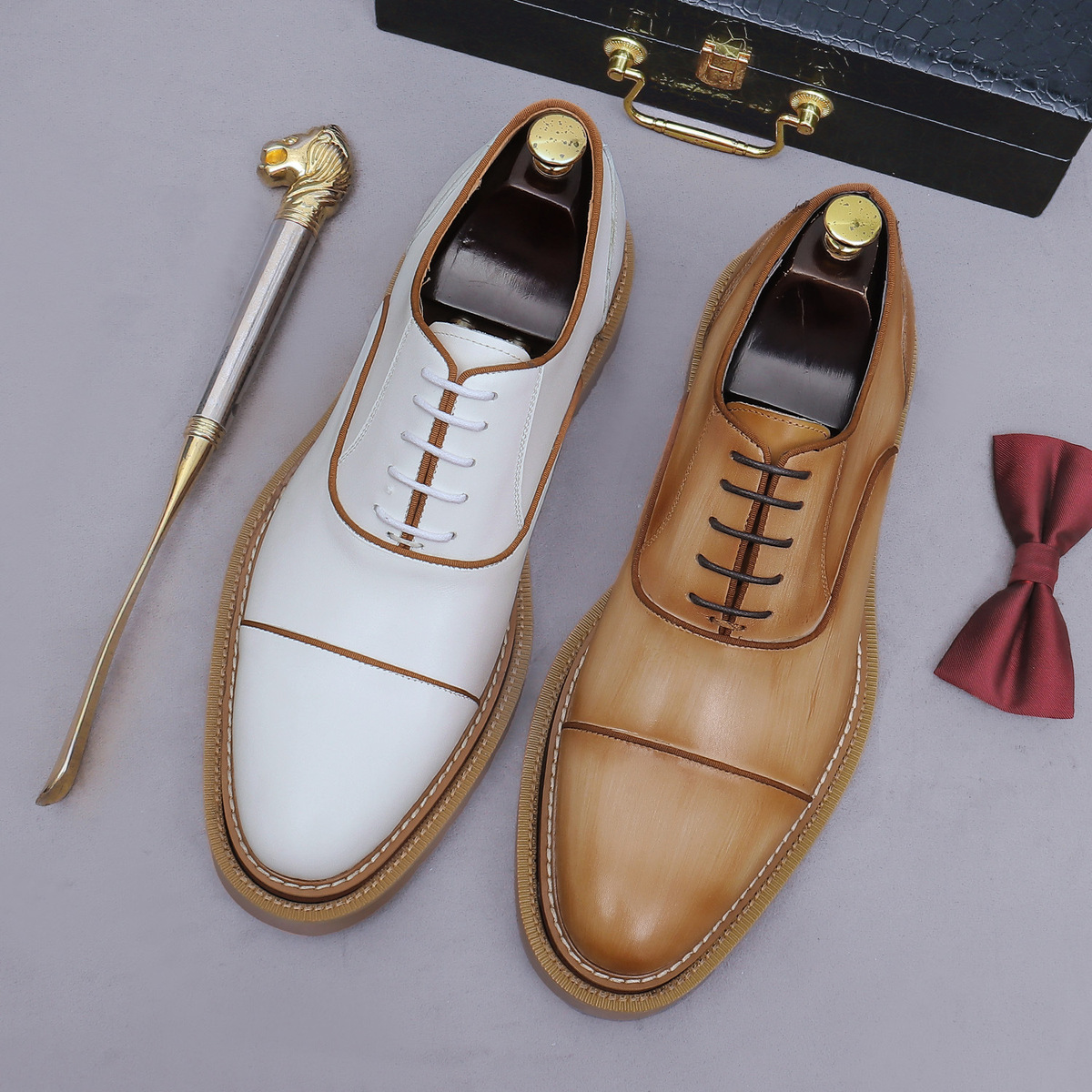 Giày Oxford nam da bò thật mũi tròn ba đường may, giày công sở và giày cưới — màu đen, Màu trắng, Màu be