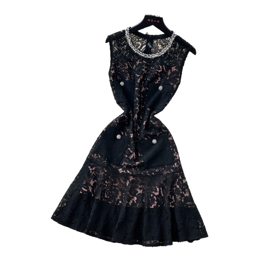 Lace A Line Dress Rhinestone Embellished Sleeveless High Waist Hollow Out Design Elegant Office Wear Wholesale