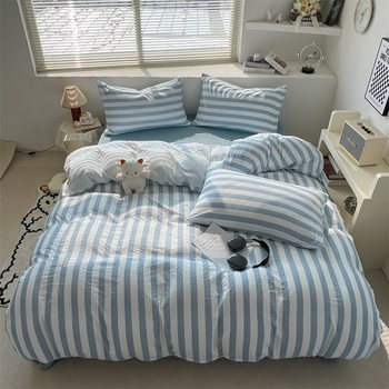 Foreign trade simple wrinkled yarn wash cotton four-piece set sanding single-piece quilt cover striped bed hat three-piece bedding