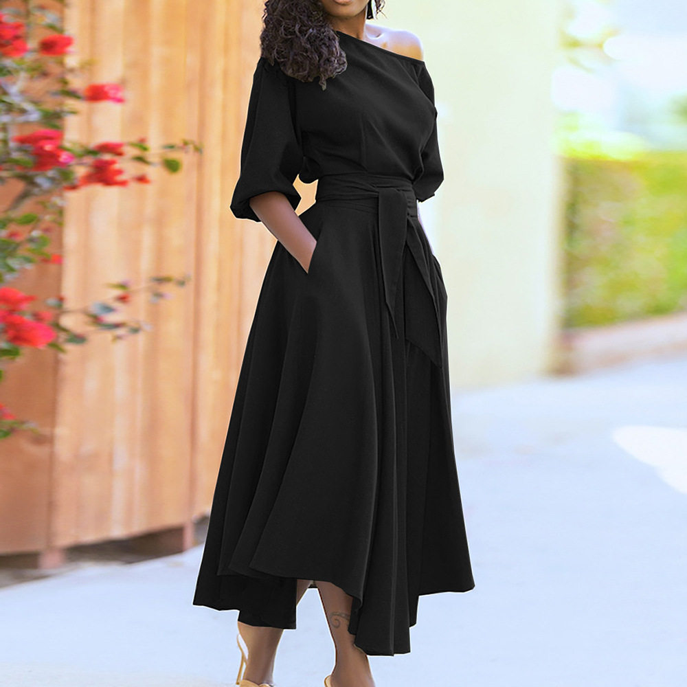 Elegant One Shoulder Tie Waist Long Sleeve Dress Solid Color Spring Collection Womens Fashion Wholesale Available