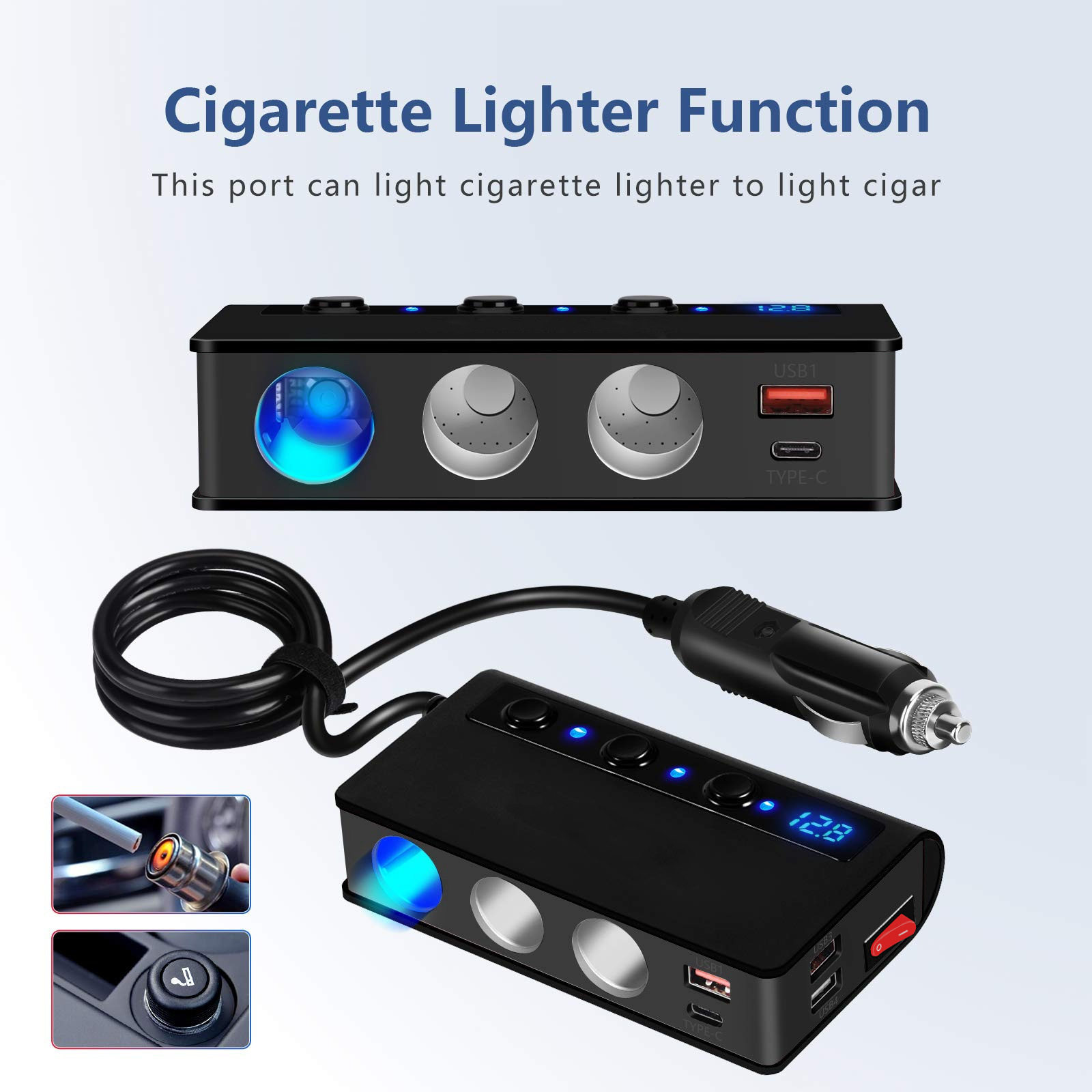 180W high-power car cigarette lighter one for three QC3.0 fast charging PD20W car mobile phone charger with digital display