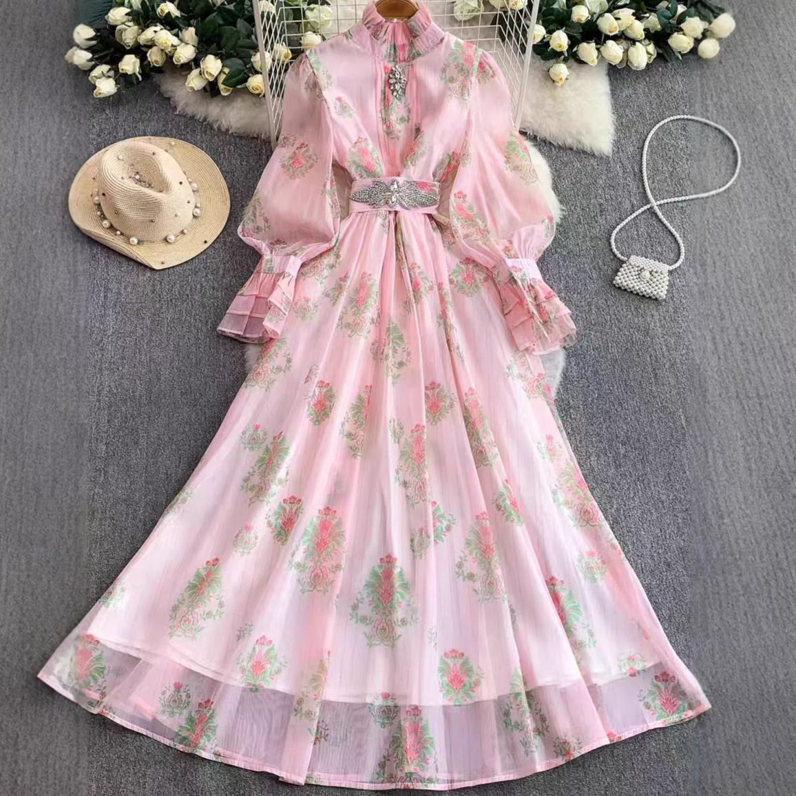French Court Style Embroidered Lantern Sleeve Dress Summer Slim Fit A Line Rhinestone Accents Elegant Evening Wear
