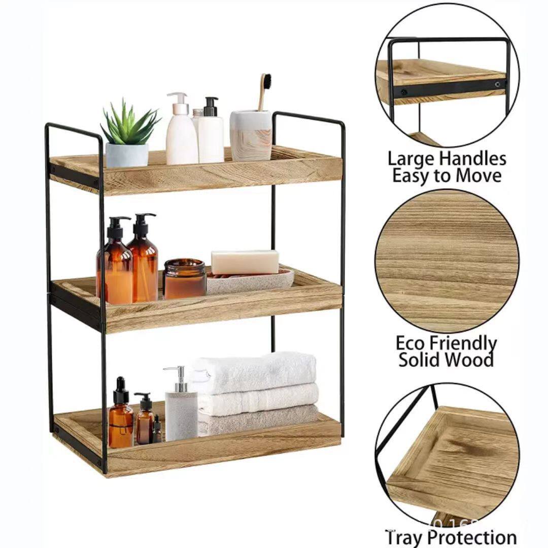 Wooden Desktop Three-Layer Storage Rack Iron Bathroom Household Multi-Purpose Kitchen Storage Rack Desktop Storage Storage Rack