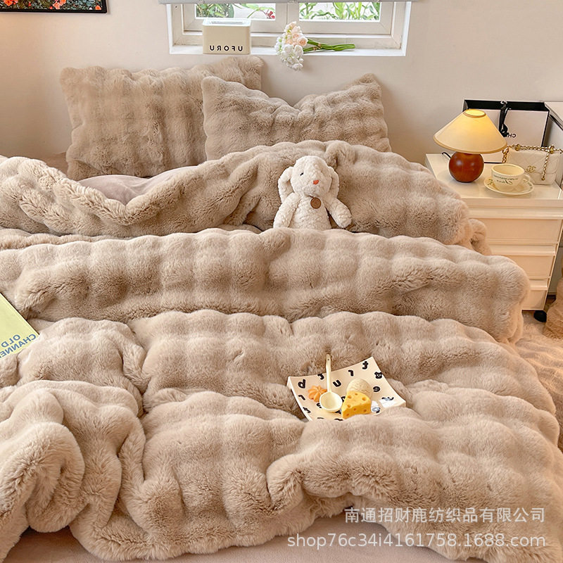 Class a Thickeneded Rabbit Plush Four-Piece Set Milk Velvet Winter Warm Rabbit Velvet Bed Bed Sheets Quilt Cover Lazy Rabbit Velvet Coral Velvet 4