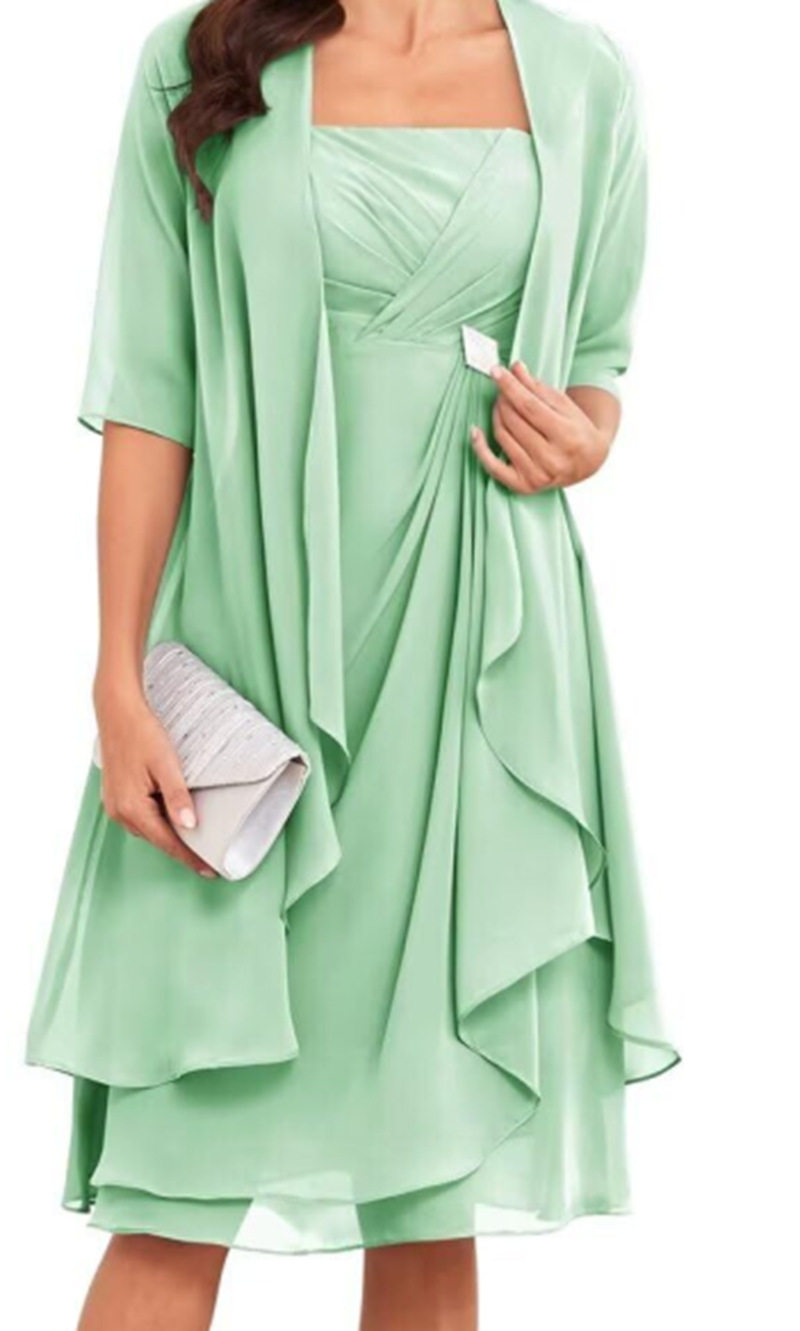 Chiffon Long Sleeve Dress with Rhinestones Elegant Two Piece Set Spring Autumn Office Wear
