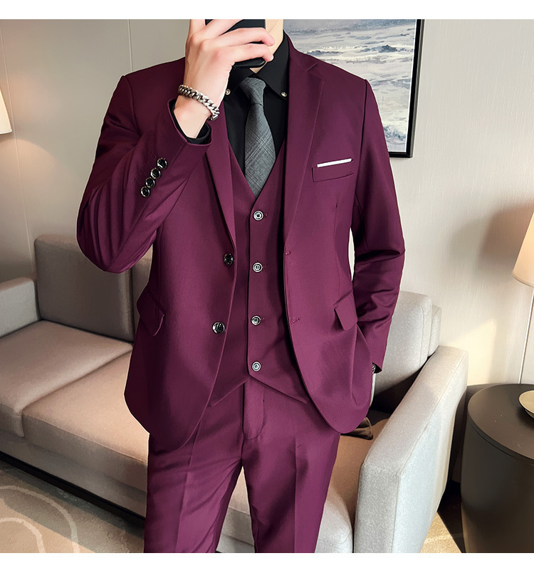Bộ vest nam ôm dáng ba món phong cách công sở và dự tiệc cưới — Màu xám (áo một nút + áo vest + quần), Màu xanh navy (áo một nút + vest + quần), Màu xám (áo một nút + quần), Màu xám (áo đơn một nút)