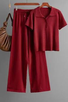 European Casual Knitted Sports Suit for Women, Age-Reducing and Slimming Short-Sleeved Knitted Straight Pants, Fashionable Design Two-Piece Set