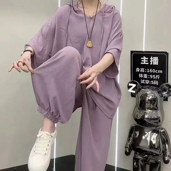 chubby girl Plus Size Plus Size Women's Clothing 150.00kg Casual suit Summer Hoodie Short-Sleeved Age-Reducing Meat-Covering Slimming Two-Piece Set