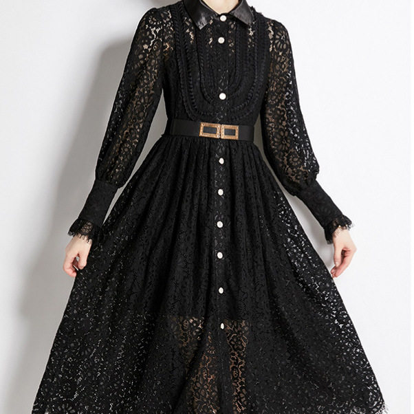 French Lace A Line Dress Embroidered Hollow Out Long Sleeve Knee Length Elegant Style Perfect for Spring and Autumn