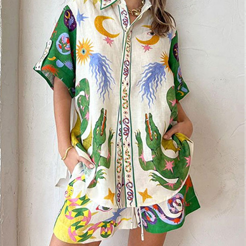 Womens Floral Print Shirt and Tie Front Shorts Set Casual Elegant Style Spring Collection Wholesale Available