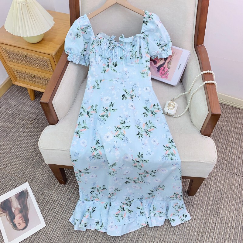 Đầm linen in hoa phong cách Pháp cổ vuông tay phồng dáng chữ A — Riviera của Nice
