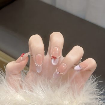 Wearable Nails with a High-End Feel, Water-Gloss Cat-Eye Handmade Bead Chain Gradient Nail Patches, Girly Bow Nail Pieces