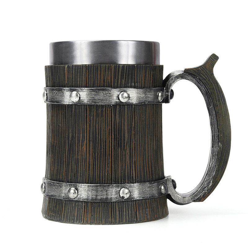 Foreign Trade Cross-Border Wooden Barrel Beer Mug Creative Large-Capacity Bar Mug Water Cup Personalized Imitation Wood Stainless Steel Cup