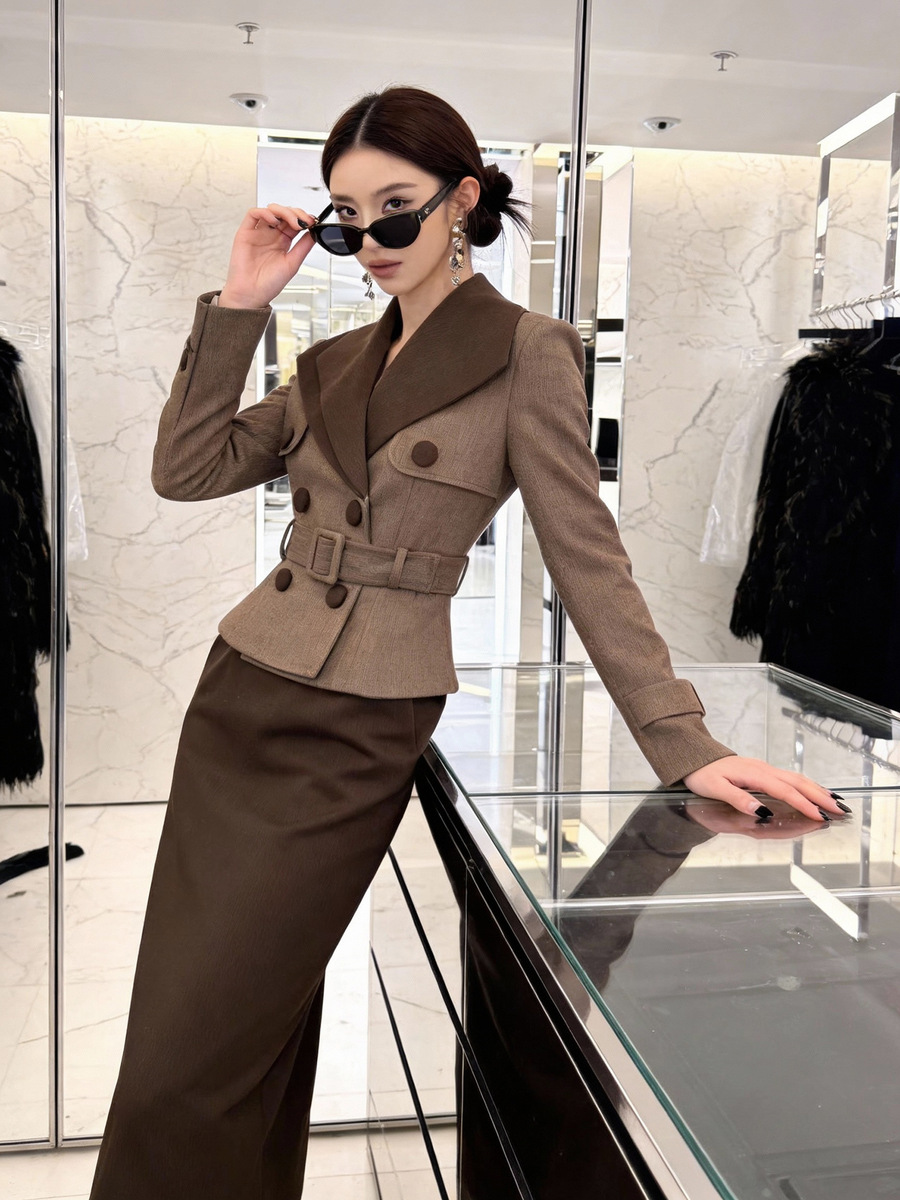 Đầm liền thân cổ vest hai hàng cúc chiết eo ôm dáng — Màu nâu