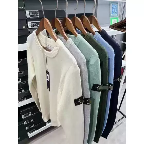 Cross-Border European and American Trendy Round-Neck Stone Logo Sleeve Patch Sweater, Autumn and Winter Warm Couple's Pullover Long Sweater