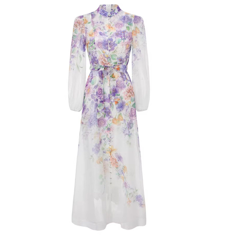 French Floral Hollow Out Bell Sleeve Dress Summer Long Sleeve Waist Tie Elegant Design Perfect for Parties and