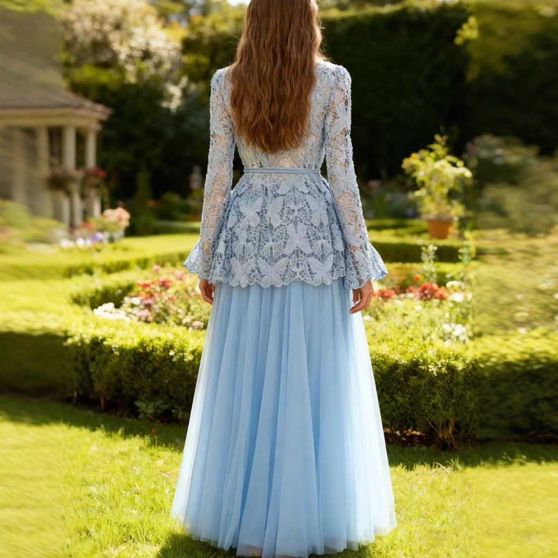 French Style Two Piece Set Elegant Lace Top with Tie Waist High Waisted Tulle Skirt Perfect for Parties or Special
