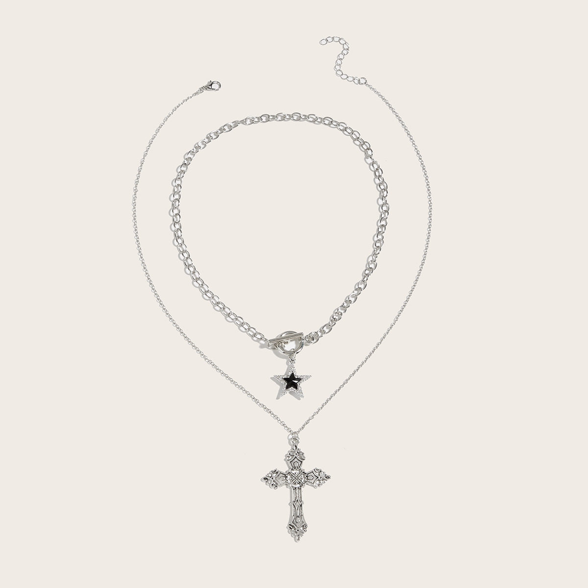 European and American Cross-border Jewelry Gothic Style Hip Hop Necklace Retro Cross Pendant Five-pointed Star Clavicle Chain Necklace for Women