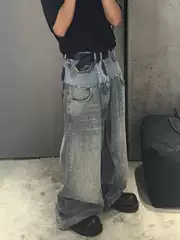 TKPA American High Street Design Sense Double Layer Stitching Baggy Jeans Loose Wide Leg Straight Denim Trousers for Men