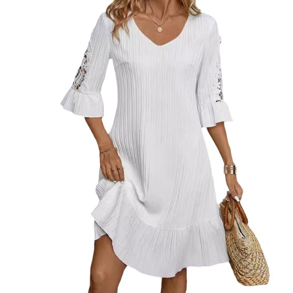 Summer V Neck Lace Midi Dress Solid Color Bell Sleeves Elegant Design Perfect for Casual or Formal Occasions