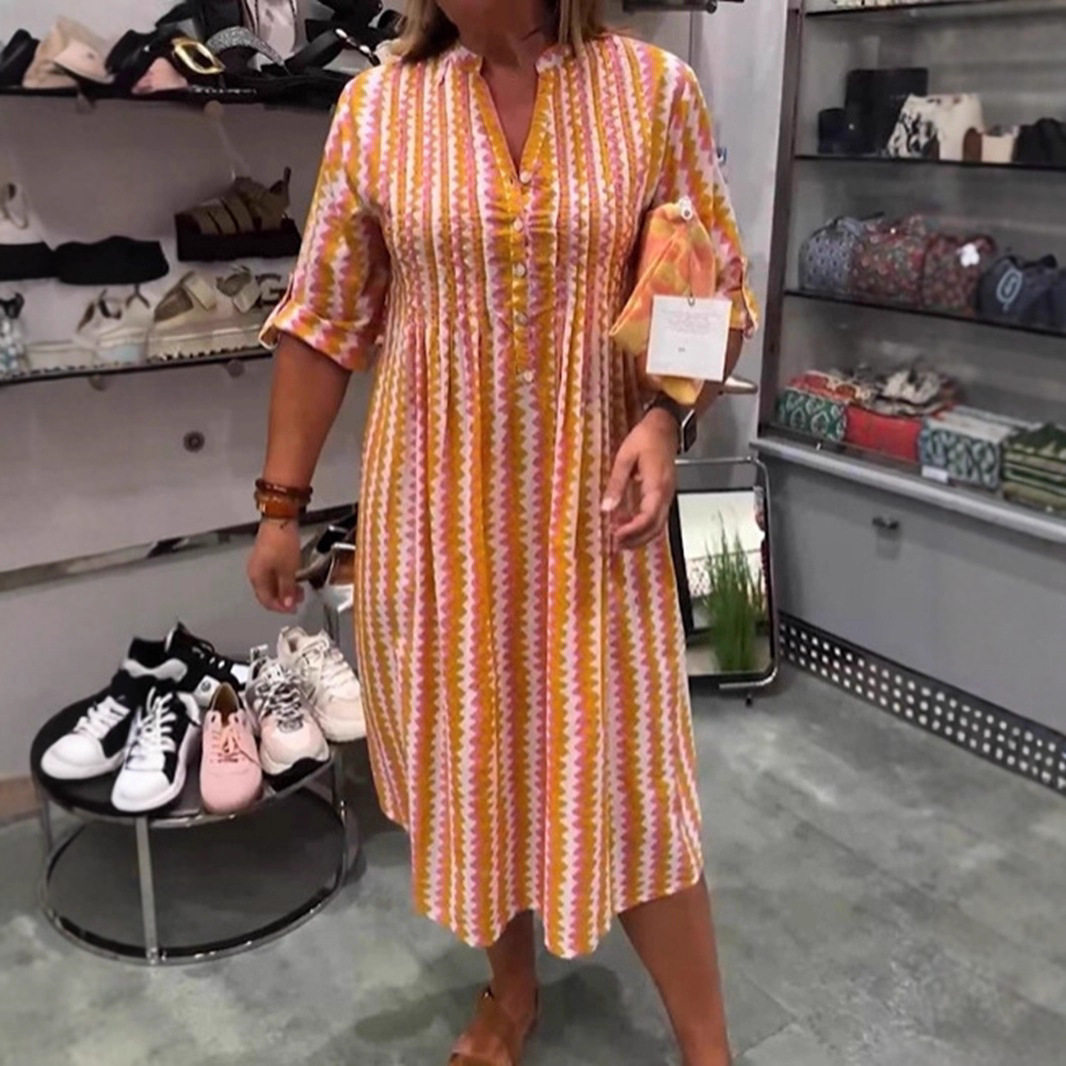 Casual Loose Fit Floral Print V Neck Dress Summer Collection Stylish Womens Apparel Wholesale Available